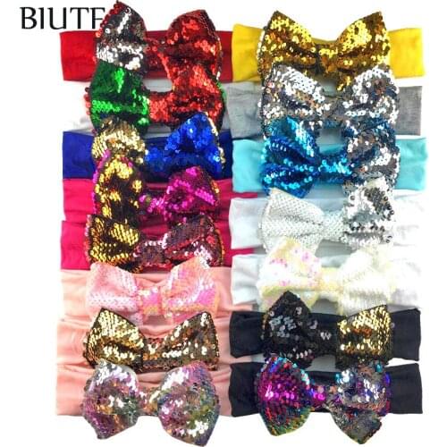 10pcs/lot Soft Cotton Headband with 5'' Reversible Sequin Bow Exquisite Headwear Kids Photography Props HB054