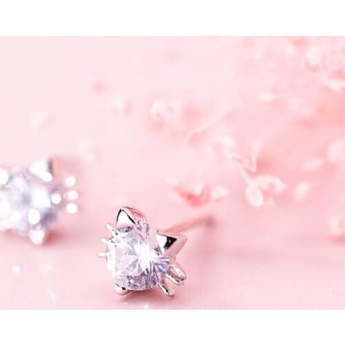 Promotion Cute Little Cat Animal Shine Cubic Zirconia 925 Sterling Silver Ladies Stud Earrings Wholesale Jewelry For Women Cheap