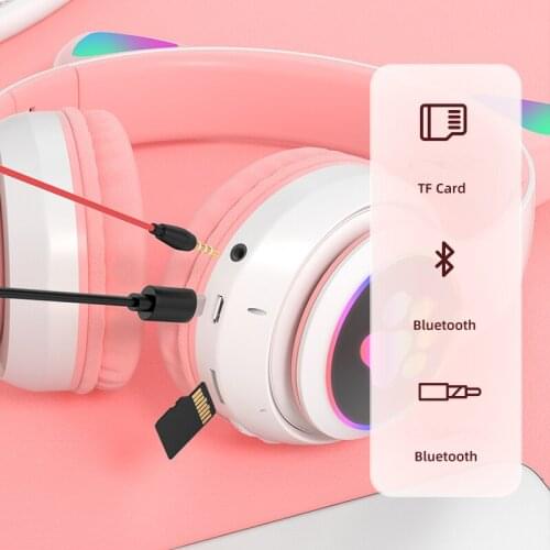 Wireless Headphone with Phone Headset Cute Cat Bluetooth Mic Can control LED Kid Girl Stereo Bass Music Helmet Gift Flash Light