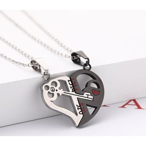 Fashion Couples Necklace Stainless Steel Key Splicing Heart Shape Pendant Collarbone Chain Hip Hop Valentines Day Gifts
