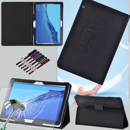 Tablet Case for Huawei MediaPad T3 10 9.6"/T5 10 10.1" Pu Leather Stand Back Support Tablet Case Cover + Tempered Glass+Stylus
