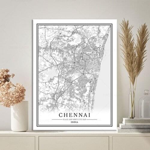 Black and white Posters CHENNAI map wall art canvas painting hd print for Living room Bedroom Bar Cafe Home Decoration framed
