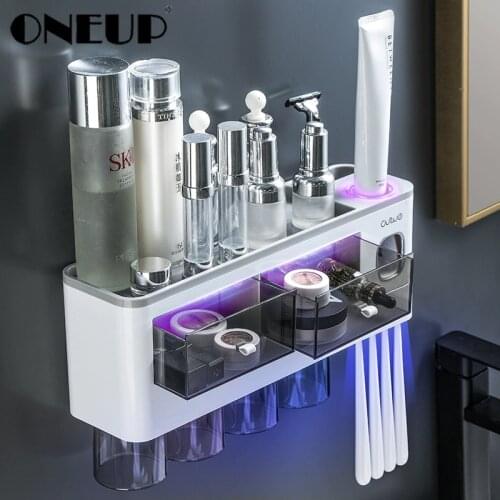 ONEUP 2020New Bathroom Accessories Toothbrush Holder With Cups Automatic Toothpaste Squeezer For Bathroom Organizer Storage Rack