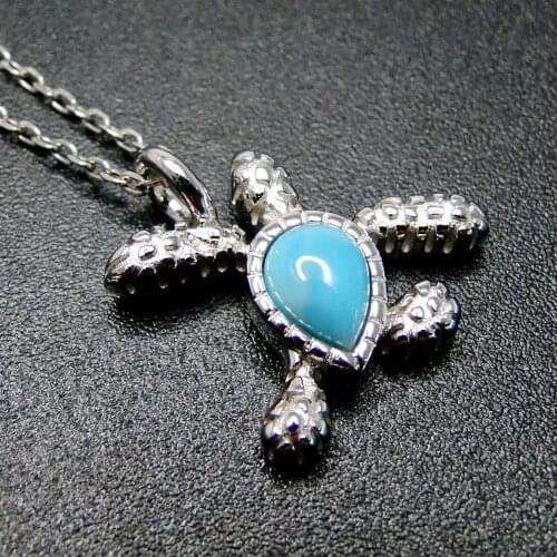 Hot Selling Sealife Larimar Jewelry 925 Sterling Silver Natural Larimar Sea Turtle Womens Pendant Necklace For Gift
