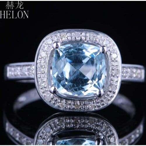 HELON Solid 10K White Gold Flawless Cushion 7mm Genuine Sky Blue Topaz Diamonds Engagement Wedding Ring Women Fine Jewelry