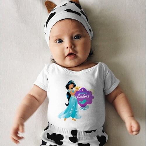 Summer Newborn Bodysuits Kawaii Disney Princess Toddler Romper White Black Printing Unisex Baby Breathable Jumpsuit Harajuku