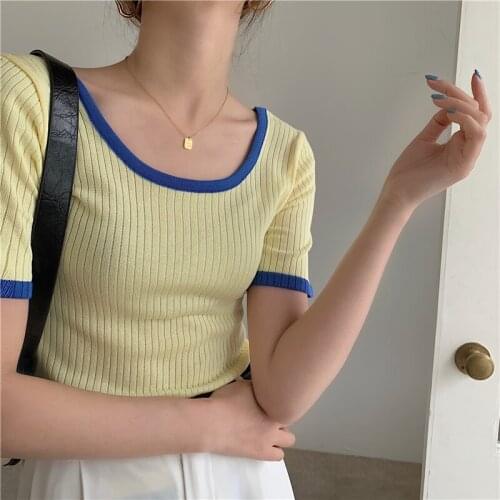 GGRIGHT Sexy Short Crop Top Women Knitted Tee Shirt Femme 2021 Summer Casual Asymmetrical T-Shirt Short Sleeve Tshirts