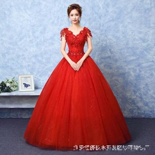The Red V-neck Ball Gown Vintage party evening women Dresses Lace Embroidery Vestido De Noiva