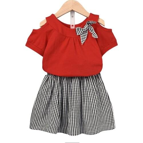 Girls summer suit kids baby fashion off-the-shoulder sets clothes children short shirt plaid skirt two-piece suit garment