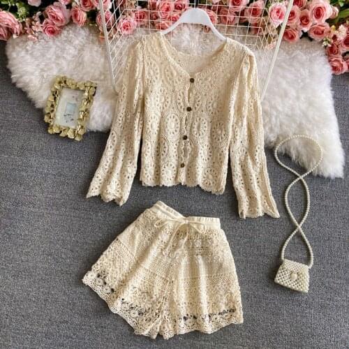 Summer women beach style hook sets women hollow out crochet sets woman Hook flower hollow Shorts sets mujer