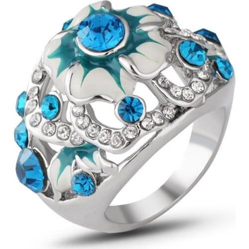Fashion Shiny Silver Color Flower Shaped Blue Rhinestone Ring for Women Girls Finger Ring Jewelry