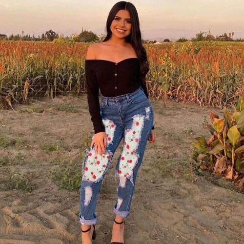 Fashion High Waist Cute Floral Stitching Denim Trousers Slim Skinny Pencil Pants Plus Size All match Girl 2021 Spring Casual