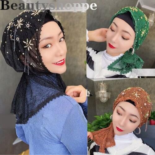 Muslim Mesh Beaded Rhonestone Tassel Plain Caps Amira hat Headwear Hijab Dubai Scarf Summer Scarf