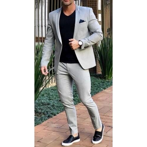 Mens Wedding Suits Light Grey One Button Spring Summer Beach Casual Two Pieces Slim Fit Stylish Formal Evening Party Costumes
