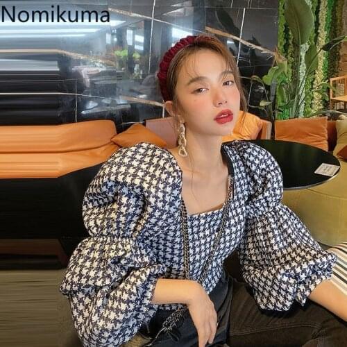 Nomikuma Korean Plaid Women Blouse Elegant Square Collar Puff Sleeve Blusas Femme 2021 Spring New Short Pullover Shirt 6F846