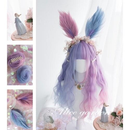 Rabbit bunny bonnie Lolita WIG 65CM Long Curly Purple Mixed Blue Ombre Bangs With Buns Headband Japan Ladies Cosplay Wig + Cap
