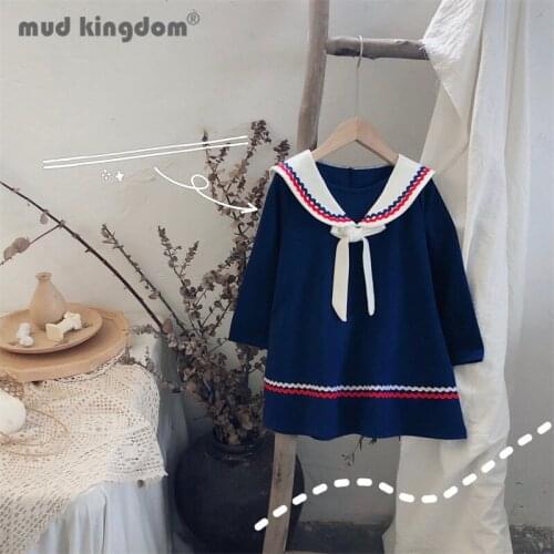 Mudkingdom Fashion Girls Dress Print Bow Long Sleeve Sailor Collar A-line College Style Dresses for Kids Autumn School Clothes