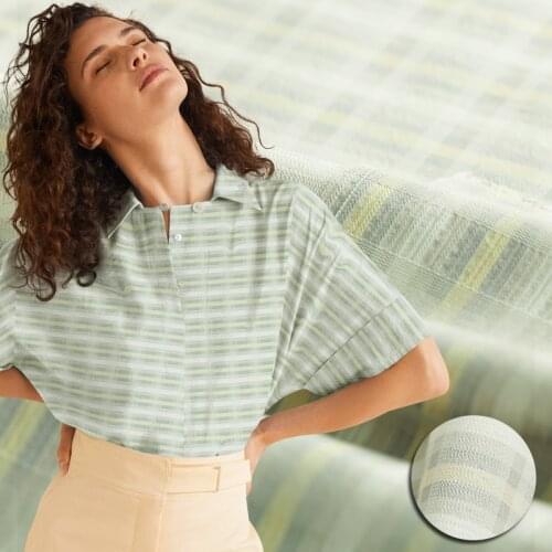 Yarn-dyed light yellow and blue tone stripe/check pattern silk blends cotton fabric,sewing for dress,curtain,craft by the yard