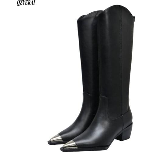 QZYERAI New style Knee-length rider boots Genuine leather Female boots Womens boots The metal head cowhide Womens shoes