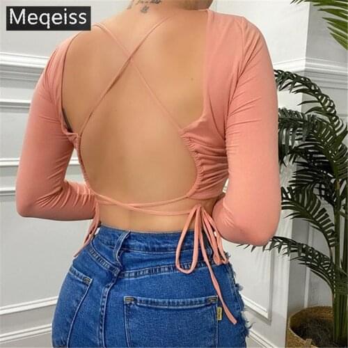 Meqeiss Sexy Women Crop Tops Fashion Off the Shoulder Backless T-Shirt Long Sleeve Hollow Out Street Wear Daily Outfit Mini Top