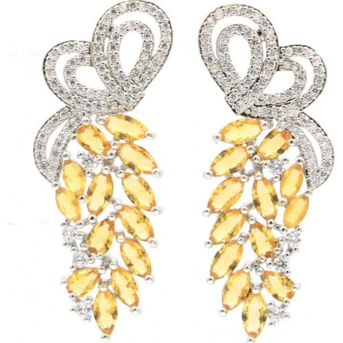 42x16mm SheCrown Beautiful Butterfly Shape Created Golden Citrine White Bright Cubic Zircon Bride Wedding Dating Silver Earrings