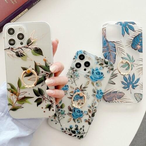 Blue Rose Flower Shining Gold Plating Case For iPhone 11 12 Pro Max XR X XS 7 8 Plus Banana Leaves Cover With Ring Holder Stand