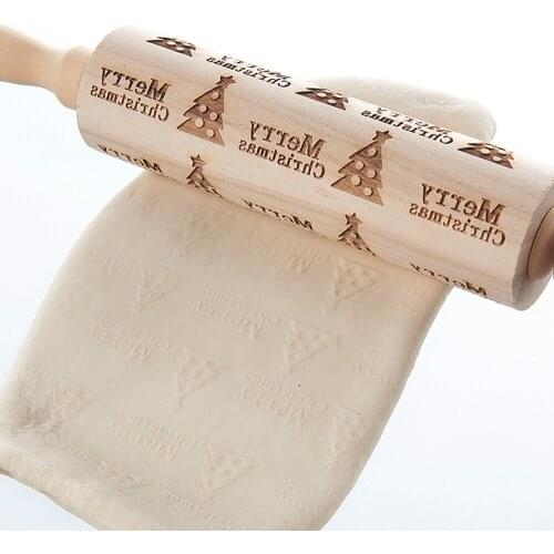 Rolling Pin Embossing Christmas Baking Engraved Wooden Cookies Roller Cake Dough NEW