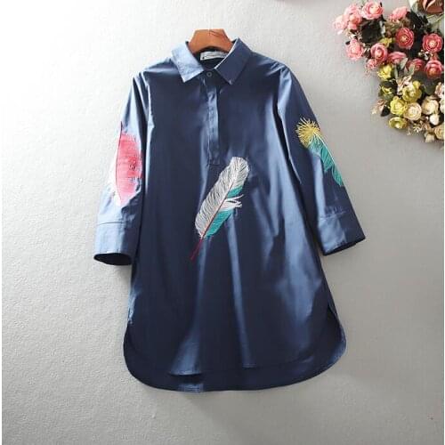 Womens Spring summer feather embroidery cotton Shirt Female Vintage National Loose Casual long Shirt Blouse TB853