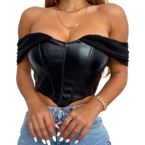 Women PU Leather Corset Crop Tops Gothic Push Up Bra Corsage Sexy White Black Mesh Off Shoulder Bustier Vest Party Club Tops