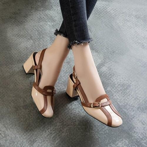PQECFS big size 30-52 high quality summer women solid back strap med heel square heel sandals 2 colors