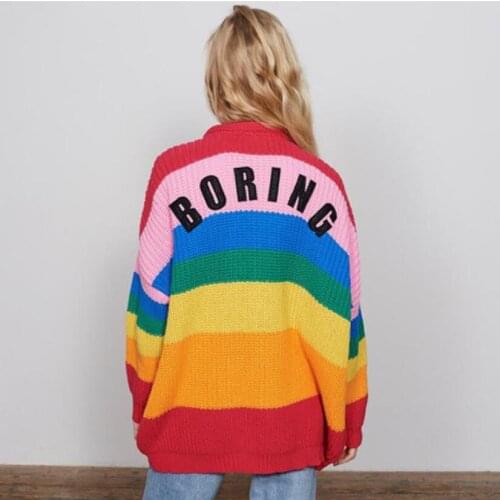 Autumn Winter V Neck Single Breasted Knitted Cardigans Women Harajuku Rainbow Stripes Letter Long Sleeve Sweaters Jumpers w428