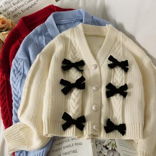 Autumn Winter Bow Twist Sweater Coat Women V Neck Single-breasted Knitted Cardigan Outwears Female Long Sleeve Kintwears Jacket