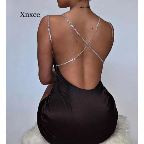 Womens Sexy Diamond Suspender Dress New Solid Color Sleeveless V-Neck High Waist Open Back Tight Dress for Nightclub Clothing