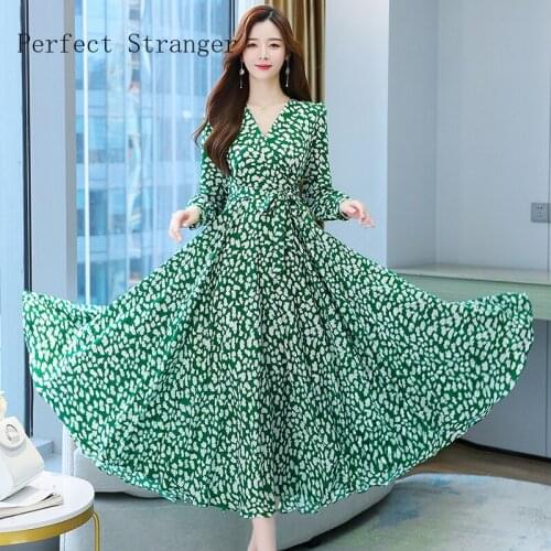 2021 Autumn New Arrival Casual Korean V Collar Print Female Chiffon Long Sleeve Long Dresses For Women