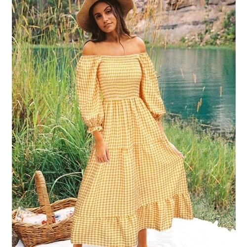 Summer Vintage Plaid Puff Sleeve Dress Women Beach Sweet Dresses Casual Square Collar Ruffle Three Quarter Maxi Long Dress 2021