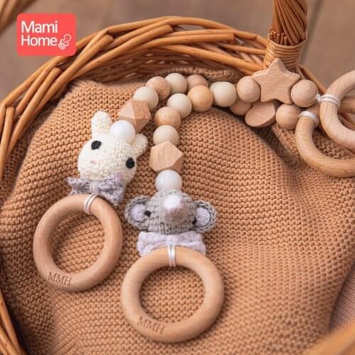 1pc Baby Wooden Teether Rings Beech Pacifier Chain Crochet Elephant Teething Tooth Training Accessories Bottle Chain Nurse Gifts