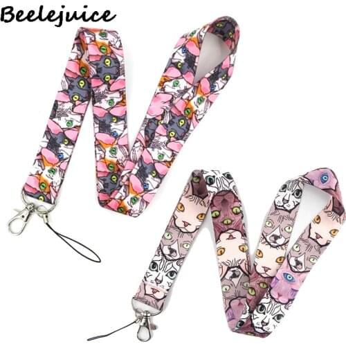 24pcs Hairless Sphynx Cat Lanyard Keys Phone Holder Funny Neck Strap Keyring ID Card DIY Animal webbings ribbons Hang Rope Gifts