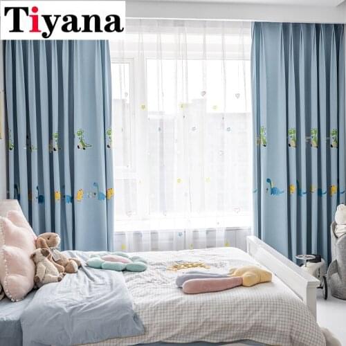 Blue Velvet Cartoon Dinosaur Children Blackout Curtain for Kids Boys Bedroom Window Drapes Fabric White Embroidery Tulle JK081Z
