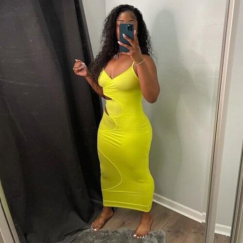 BKLD Bodycon Dress 2021 Summer Clothes For Women New Solid Color Spaghetti Strap V-Neck Sexy Club Outfits Hollow Out Midi Dress