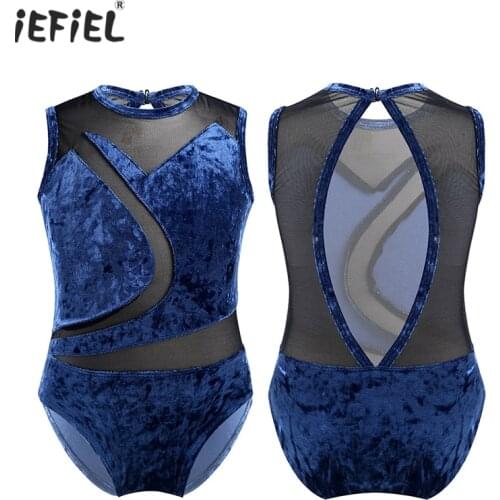 Kids Girls Sleeveless Pleuche Ballet Dress Mesh Splice Cutout Back Ballet Costumes Gymnastics Leotard Jumpsuit Stylish Dancewear