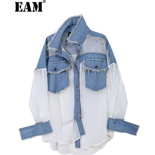 [EAM] Women Chiffon Burrs Denim Big Size Blouse New Lapel Long Sleeve Loose Fit Shirt Fashion Tide Spring Autumn 2021 1DD12730