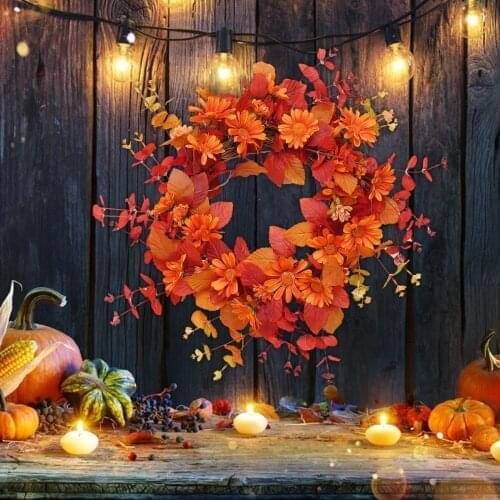 Simulation Wreath Sunflower Maple Leaf Fake Flower Thanksgiving Halloween Decoration Wreath Door Decoration Flowers Harvest Home