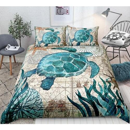 Turtle Duvet Cover Set Ocean Turtle Bedding Set Teal Retro Style Home Textiles Mediterranean Style Quilt Cover Sea Bedclothes