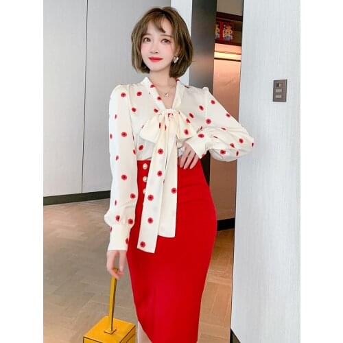 Sweet bow ribbon collar floral fresh printed shirt womens wear 2021 Spring new High Quality Top Quality