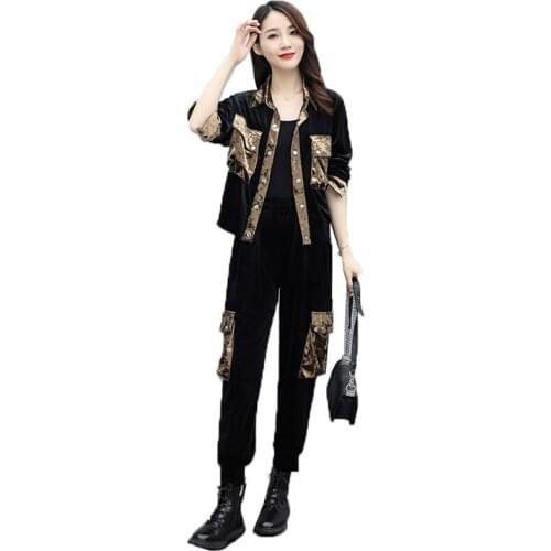 Fashion Ladies Tracksuits Suit New 2020 Autumn Gold Velvet 2-piece Set Womens Suits Sportswear Long Sleeve Top & Trousers Sets