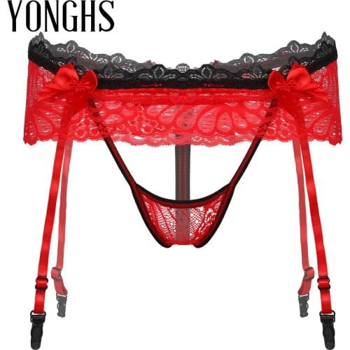 Mens Lingerie Lace Skirted Thongs Panties G-String Sissy Underwear Hollow Out Bowknot Crotchless T-Back Adjustable Garter Belt