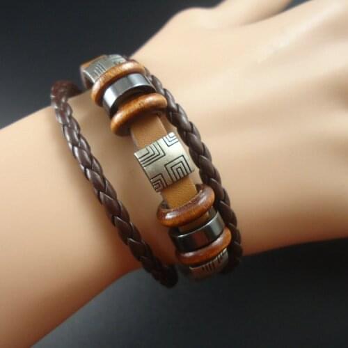 New Vintage Braided Rivet Charm Brown Genuine Leather Bracelets Bangles Men Jewelry Accessories