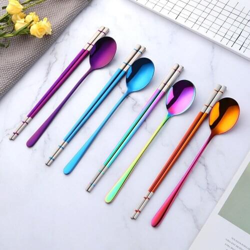 Korean Chopsticks Spoon Set Reusable Stainless Steel Sushi Long Handle Non-slip Chop Sticks Food Spoon Kit Tools Box&Bag