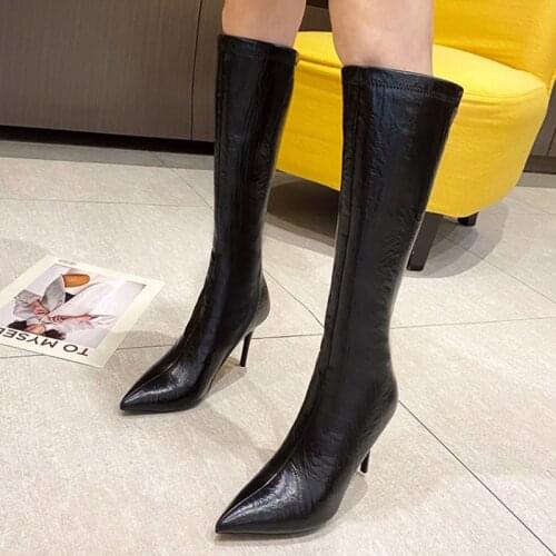 Lucyever 2021 New Pointed Toe Thin Heels Knee High Boots Women Black High Heels Long Boots Woman Back Zipper Pu Leather Botas
