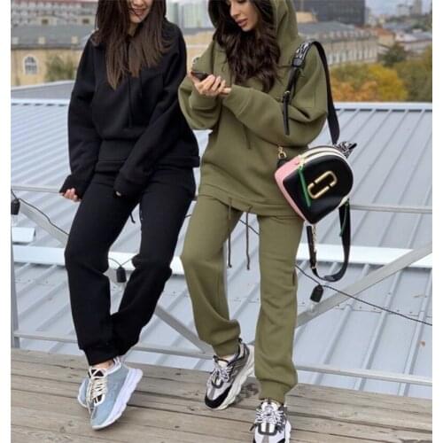 2020 Autumn Winter Two Pieces Set Women Long Sleeve Hooded Sweatshirt Casual Thick Loose Woman Sport Suit Plus Size Pants